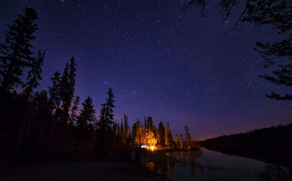 A serene night scene with starry sky, glowing campfire, and reflecting water in a forest.